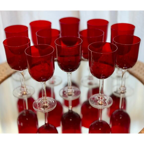 Vintage Ruby Red Goblets – Set of 6 – Mid-Century Glassware with Clear Stems - Picture 1 of 4